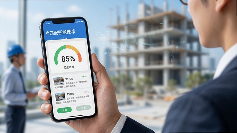 筑招网智能匹配功能示意图,画面中一位建筑工程师手持手机,屏幕上显示匹配度百分比的职位推荐界面,背景模糊处理突出手机内容,色彩明亮清晰,强调人工智能匹配的精准高效