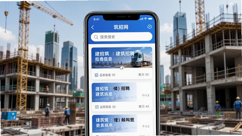筑招网app主界面预览图,展示建筑行业招聘信息列表,背景为现代城市建筑工地,手机屏幕上有清晰的职位卡片与搜索栏,整体色调以蓝色和白色为主,风格简洁专业,突出建筑招聘主题