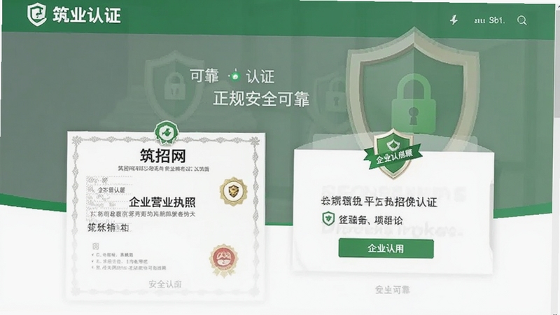 筑招网企业认证页面截图,展示企业营业执照与认证标识,背景有盾牌图标表示安全可靠,色调以绿色和灰色为主,传达正规、可信赖的平台形象