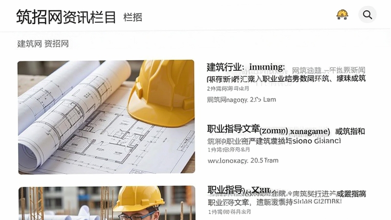 筑招网资讯栏目截图,展示建筑行业新闻和职业指导文章列表,配图有建筑图纸和安全帽,整体风格专业而亲切,体现内容的丰富性和实用性