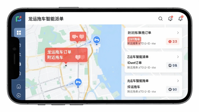 龙运拖车智能派单界面,手机屏幕上显示附近拖车订单列表,地图上有红色订单标记和蓝色车辆图标,UI设计简洁现代,色彩搭配舒适
