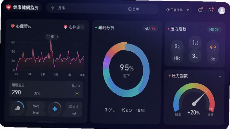 灵犀约指健康数据监测界面截图,画面以深色科技风格为主,展示心率曲线、睡眠分析环形图和压力指数仪表盘,数据可视化图表清晰,背景为渐变的蓝色与紫色,突出专业健康管理功能