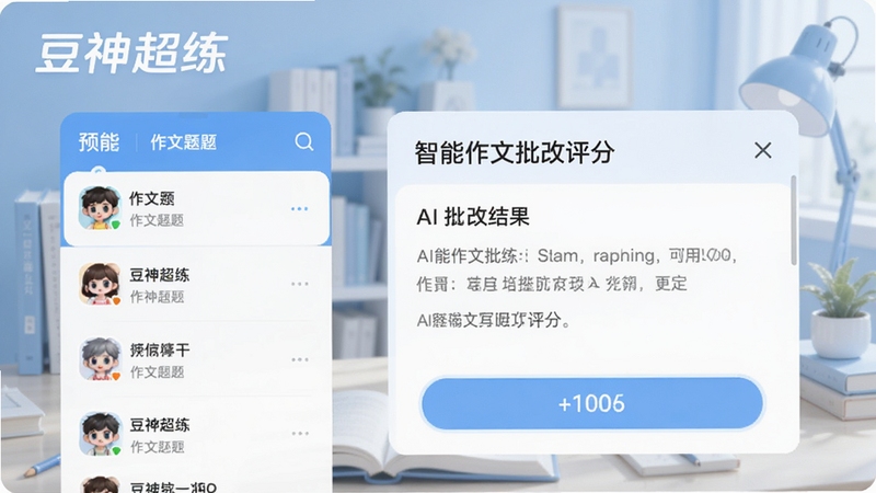 豆神超练APP主界面预览图,展示智能作文批改功能,左侧是作文题目列表,右侧是AI批改结果与评分,背景为淡蓝色学习场景,界面简洁现代,突出软件名称豆神超练