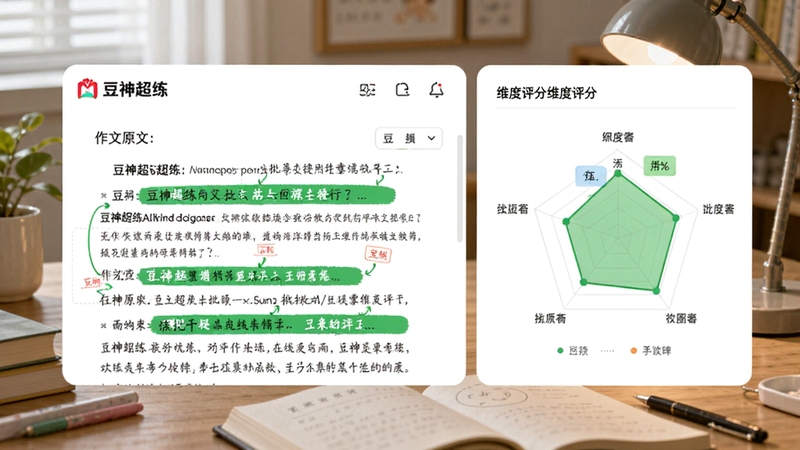 豆神超练AI批改功能示意图,显示作文原文与批注,右侧有维度评分雷达图,界面以白色为主色调,绿色高亮标出重点批注,背景为桌面学习场景,突出豆神超练品牌