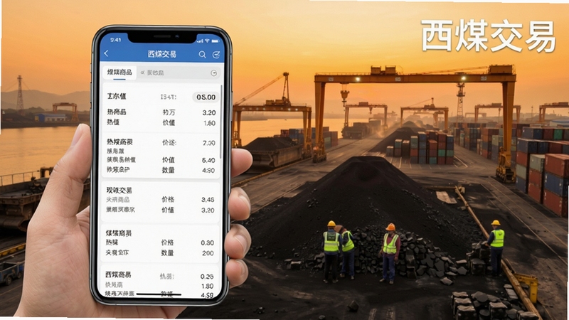 西煤交易现货挂牌功能示意图,手机界面显示煤炭商品列表,包含热值、价格、数量等参数,背景是煤炭码头实景,画面色调偏暖,突出交易真实性,软件名称“西煤交易”作为水印显示在右上角