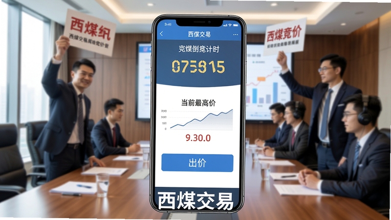 西煤交易网络竞价界面示意图,手机屏幕显示竞价倒计时、当前最高价与出价按钮,背景为会议办公场景,有商务人士举牌出价,画面动感,软件名称“西煤交易”置于底部