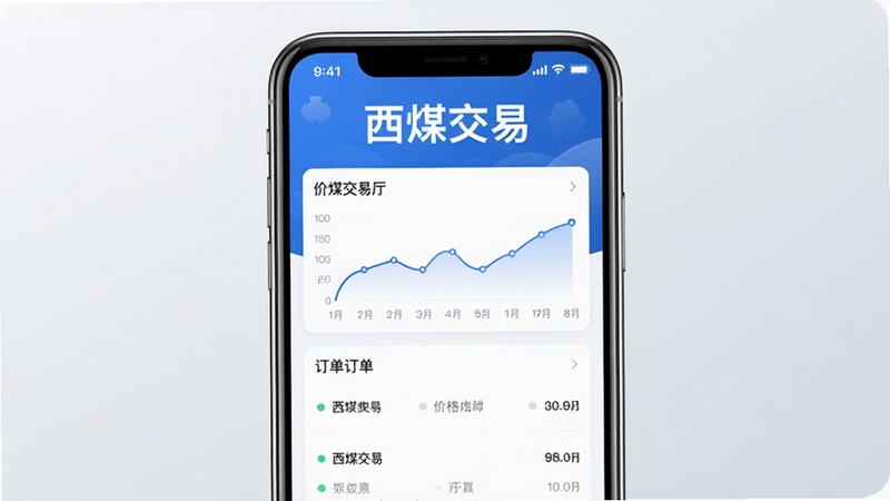 西煤交易app主界面预览图,展示煤炭交易大厅、价格曲线、订单列表等核心功能模块,整体风格商务蓝色调,界面简洁现代,手机屏幕居中显示,背景为浅灰色渐变,突出软件名称“西煤交易”字样,画面清晰明亮,适配Boogu模型生成