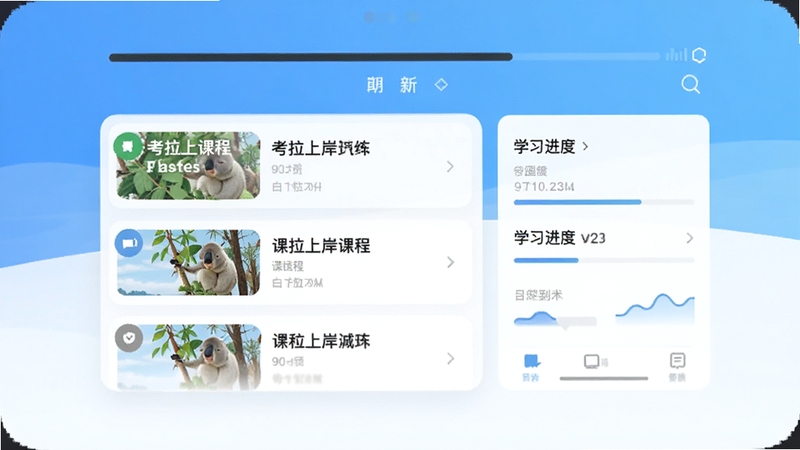 考拉上岸APP主界面预览图,画面中央显示课程列表与学习进度,背景为简洁的蓝白渐变色调,整体风格现代清爽,突出移动端学习场景。