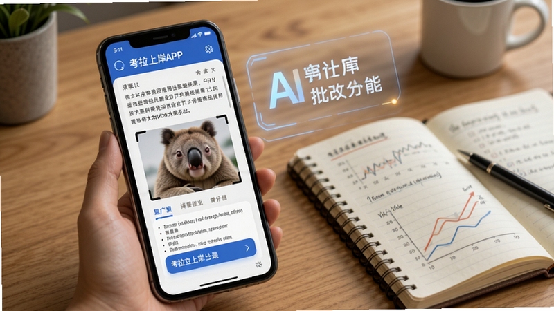考拉上岸APP申论批改功能演示图,手机屏幕展示作文扫描结果与评分细则,背景为书桌和笔记本,画面写实,突出AI批改的科技感与便捷性。