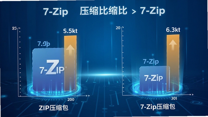 7-Zip软件压缩比对比示意图,左侧为普通ZIP压缩包,右侧为7-Zip压缩包,体积明显更小,背景为蓝色科技感渐变,突出数字与柱状图对比效果