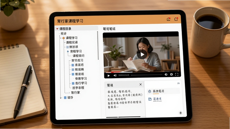 育行家课程学习页面截图风格图像,左侧显示课程目录树状结构,右侧为视频播放窗口与笔记区域,画面采用平板电脑视角,桌面摆有笔记本和咖啡杯,整体色调温暖,强调系统化学习与高效笔记的联动
