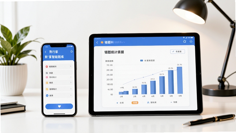育行家智能题库界面概念图,画面展示手机与平板并排,屏幕上是答题界面与错题统计图表,背景为简洁办公桌,有绿植和台灯,整体风格清爽,突出数据分析与个性化学习
