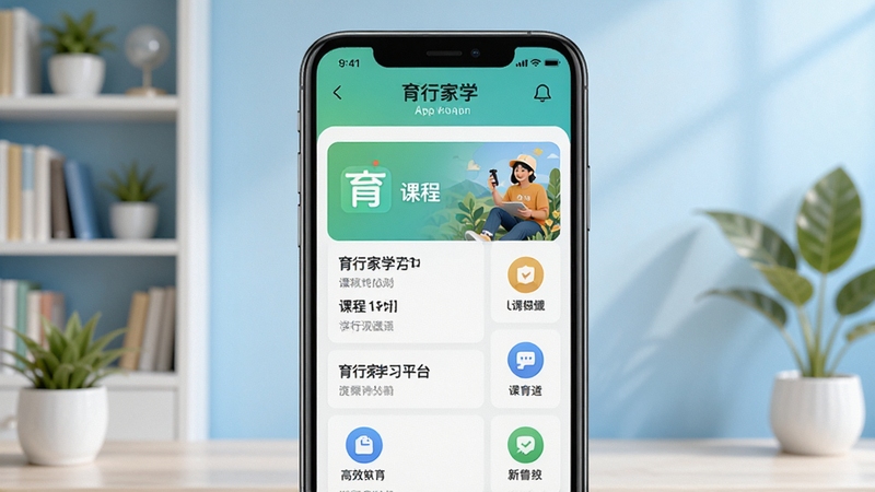 育行家App主界面展示,画面中央是手机屏幕特写,屏幕中清晰显示育行家学习平台的课程列表与功能图标,背景为淡蓝色渐变书房场景,书架与绿植点缀,整体风格明亮专业,突出在线教育的便捷与高效