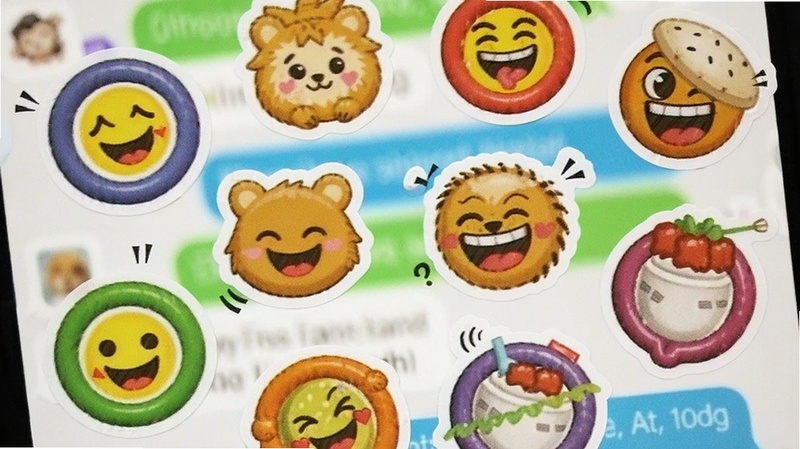 皮圈趣味贴纸表情展示图,画面中多个彩色卡通贴纸和动态表情符号散落在聊天背景上,包含笑脸、动物、食物等元素,色彩鲜艳,风格活泼,突出软件的娱乐性和丰富素材。