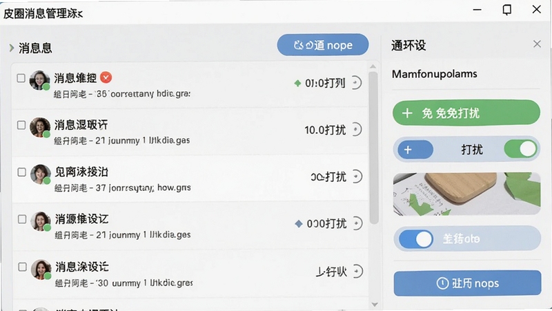 皮圈消息管理界面截图,展示消息列表和通知设置面板,有未读标记、免打扰开关等控件,界面清晰,操作按钮明显,体现软件在消息管理上的便捷性。