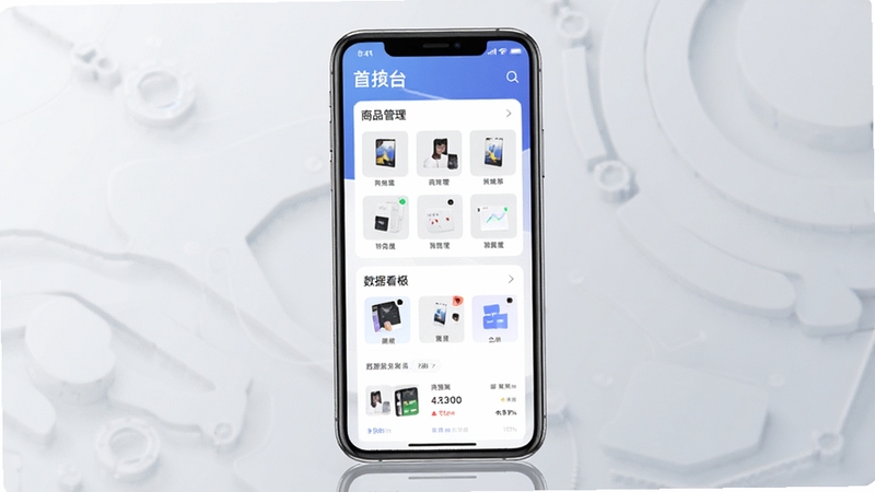 带货神器app界面预览图,展示首页工作台、商品管理、数据看板三大核心模块,背景为浅灰色科技感渐变,主体居中,手机模型展示清晰,画面简洁现代,带光泽质感