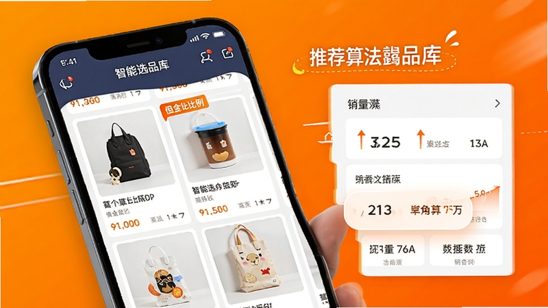带货神器智能选品库界面,展示商品瀑布流列表,包含商品图、佣金比例、销量数据标签,背景为明亮橙色渐变,主体为手机屏幕特写,突出推荐算法与数据展示,画面清晰有活力