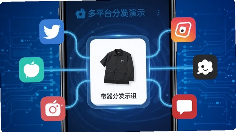 带货神器多平台分发功能演示,手机屏幕显示多个社交平台图标围绕中心商品卡片,背景为蓝色科技风格,主体为分发流程示意图,线条流畅,图标清晰,突出同步与便捷