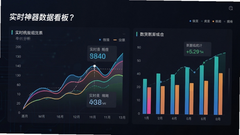 带货神器数据看板图表页面,展示折线图与柱状图,背景为深色商务风格,主体为数据可视化面板,数字清晰,色彩鲜艳,强调实时统计与专业分析