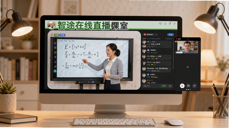 智途在线直播课堂场景图,画面主体为电脑屏幕显示智途在线直播教室,教师正在电子白板上讲解数学公式,右侧有实时讨论区与连麦窗口,背景为简洁明亮的书房,暖色调灯光,画面细致生动