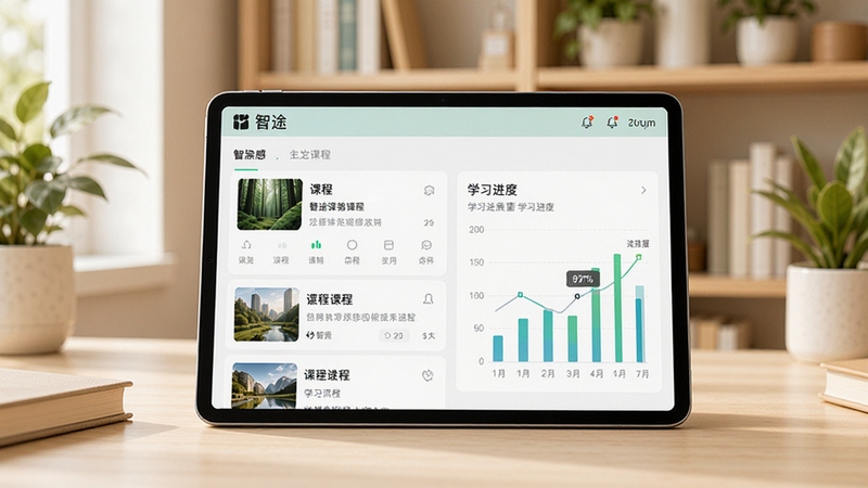 智途在线整体界面预览图,画面主体为平板电脑上展示的智途在线APP主界面,包含课程列表与学习进度图表,背景为温馨书房场景,书架与绿植点缀,浅色系配色,光线明亮柔和,风格写实清晰