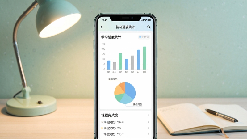 智途在线学习管理功能界面图,画面主体为手机APP内学习进度统计页面,包含柱状图、饼图与课程完成度列表,背景为书桌一角,台灯与笔记本,色调清新淡雅,风格简洁直观