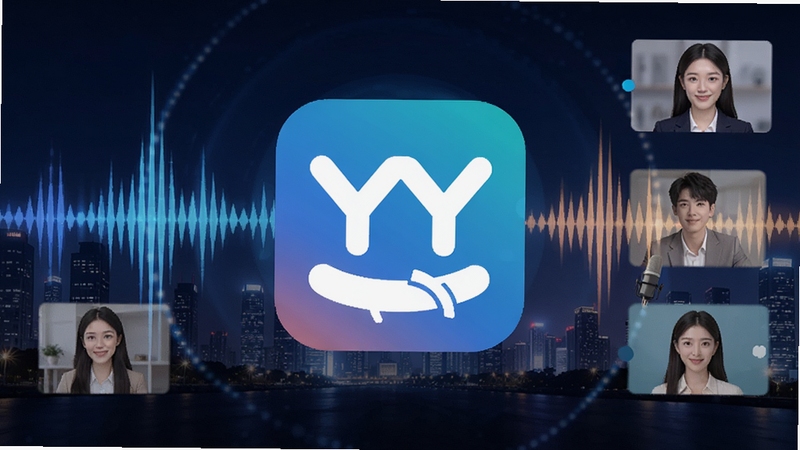 一张现代科技感十足的宽幅视觉海报,画面中央是YY语音的经典LOGO,背景融合了动态声波、城市夜景与多人连线虚拟头像,色彩明亮且富有活力,整体风格专业而亲切,突出软件强大的连接与沟通属性,画面干净,主体突出。