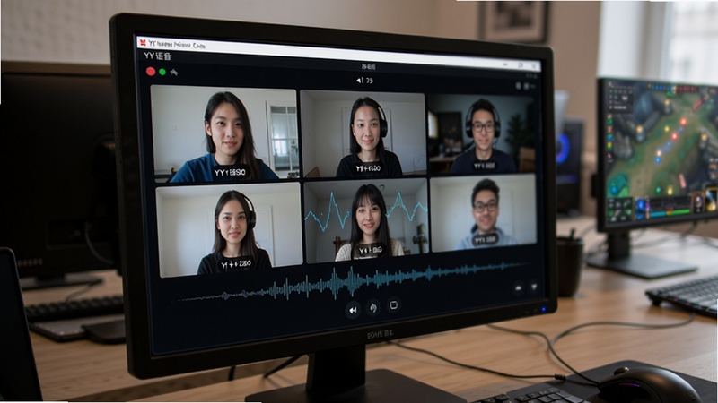 展示YY语音软件界面在电脑屏幕上运行的实拍图,画面聚焦于一个多人语音房间内,用户头像有序排列,声音波形动态起伏,背景为模糊的游戏或办公场景,凸显软件在复杂环境下的清晰通话能力,画面写实且富有科技氛围。