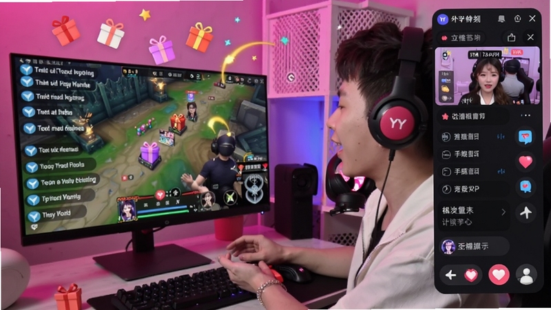 一个充满活力的直播间场景,主播正在使用YY语音进行游戏解说,屏幕上有飘动的弹幕和礼物特效,画面的右侧展示着直播互动工具条,色彩鲜艳,氛围热烈,突出软件一体化的直播与社交功能。