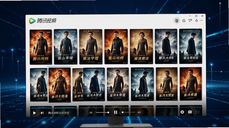 腾讯视频全貌预览图,画面主体为电脑端软件界面,显示高清电影海报墙和播放器控制栏,背景为深蓝色科技感光效,整体风格现代大气,突出腾讯视频的品牌标识和丰富内容。