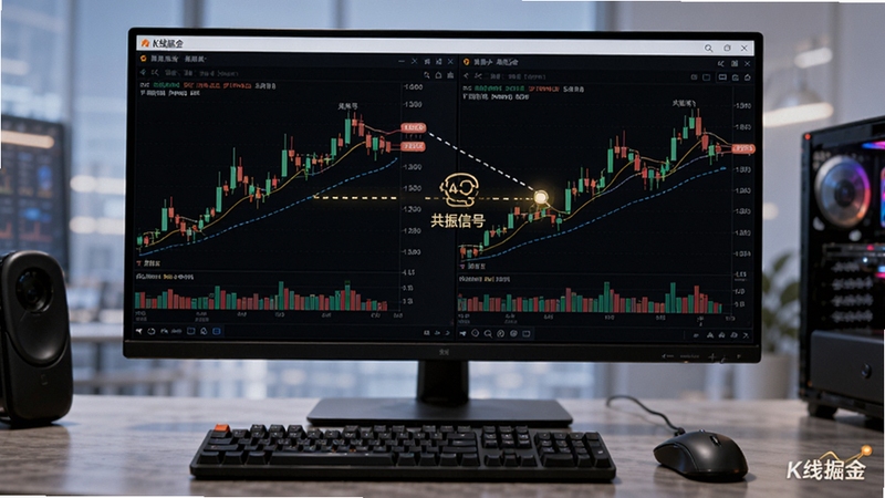 AI生成的多屏交易桌面场景,主显示器上显示K线掘金软件界面,左侧为周线图、右侧为日线图,中间用虚线连接并标注“共振信号”,画面下方有键盘与鼠标,整体光线明亮,科技感与真实感兼备,画面角落嵌入“K线掘金”四字标识