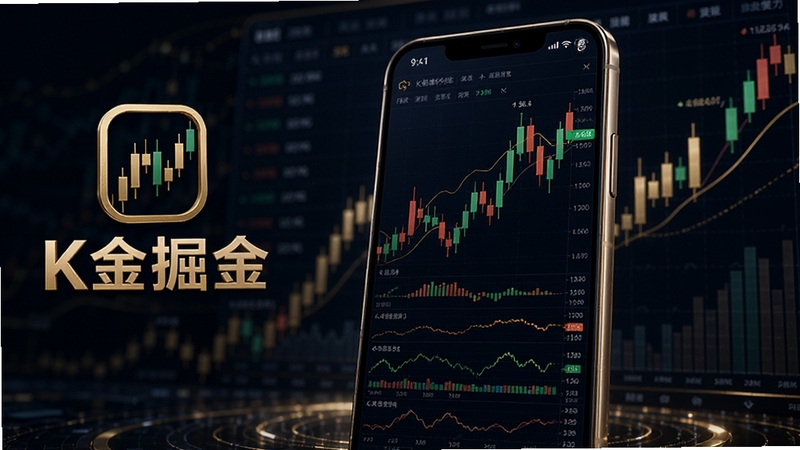 高清3D渲染风格的K线掘金软件主界面展示图,画面中央是一个手机屏幕特写,屏幕上显示着红绿交织的K线图与多个技术指标窗口,背景为深色科技感金融图表,整体色调以金色和深蓝为主,突出专业与智能感,画面左侧悬浮着K线掘金品牌LOGO,强调软件名称字样,构图清晰,适合作为软件宣传主视觉