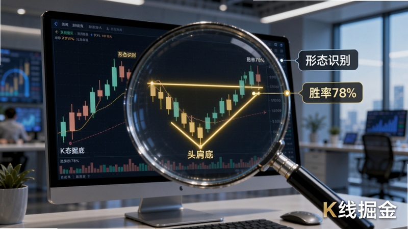 基于K线掘金软件功能的AI生成示意图,画面展示一个放大镜正在扫描电脑屏幕上的K线走势图,K线图中标记出金色高亮的“头肩底”形态,旁边浮动着“形态识别”“胜率78%”等数据标签,背景为现代化办公室场景,科技感十足,图片中需包含“K线掘金”字样水印