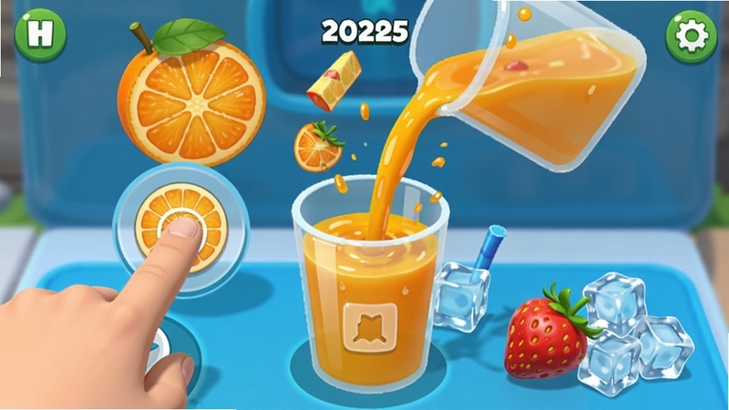 我爱喝果汁2025游戏内制作果汁的场景特写,玩家手指正在点击屏幕上的橙子,水果瞬间变成汁液流入杯中,旁边有草莓和冰块,界面简洁,色彩明快,体现互动乐趣