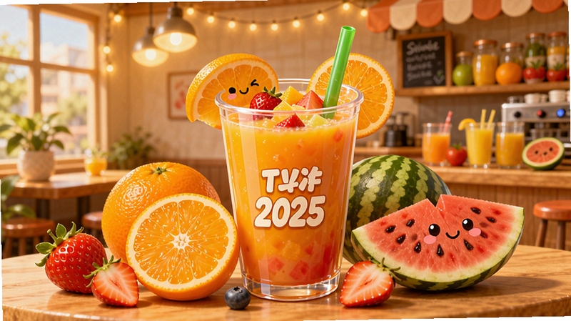 我爱喝果汁2025游戏整体预览图,画面中央是一杯色彩鲜艳的鲜榨果汁,旁边摆放着草莓、橙子、西瓜等新鲜水果,背景是温馨的果汁小店,暖色调灯光,整体风格可爱明亮,细节丰富,适合作为游戏宣传图