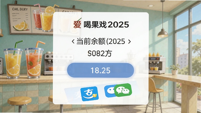 我爱喝果汁2025游戏提现页面截图,显示当前余额和提现按钮,背景是果汁店场景,界面清晰,有支付宝和微信图标,整体风格干净明亮
