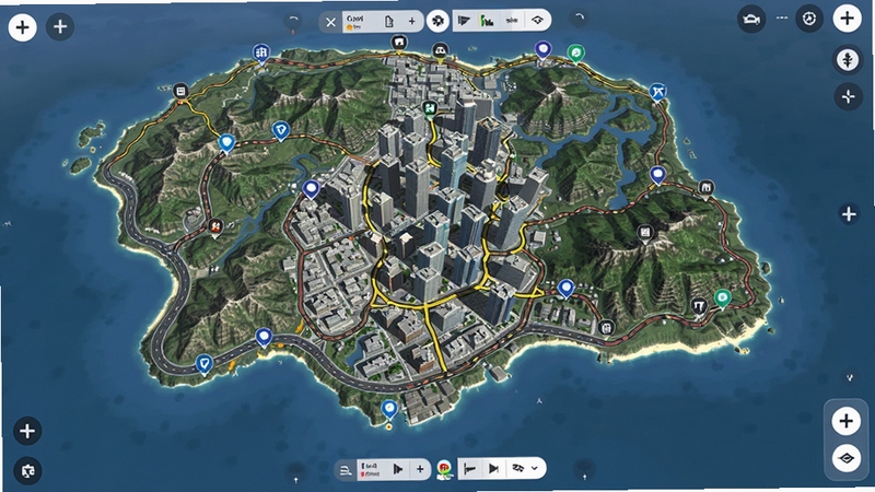 驾驶世界开放世界地图俯瞰图,画面展示游戏中的完整地图全景,包含高楼林立的城市、蜿蜒的沿海公路、翠绿的山脉和蓝色海洋,地图上标注着各种地点图标,风格类似卫星导航界面,清晰直观