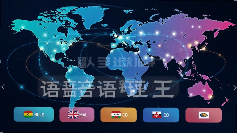 语音翻译王多语种翻译界面,显示多种语言选项,背景为世界地图,突出全球沟通理念,画面色彩丰富,科技感十足