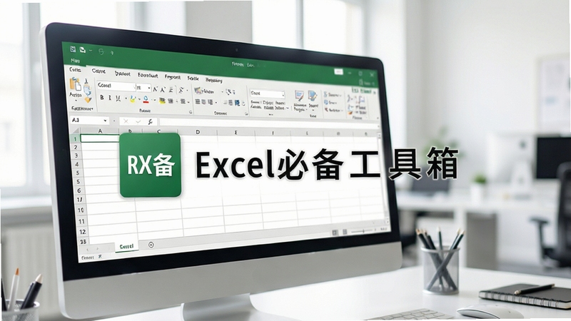 一幅现代办公桌特写,电脑屏幕显示Excel界面,工具栏中醒目展示“Excel必备工具箱”图标,背景为模糊的办公室环境,光线明亮柔和,整体风格干净专业,突出软件在办公场景中的实用性与便捷性。