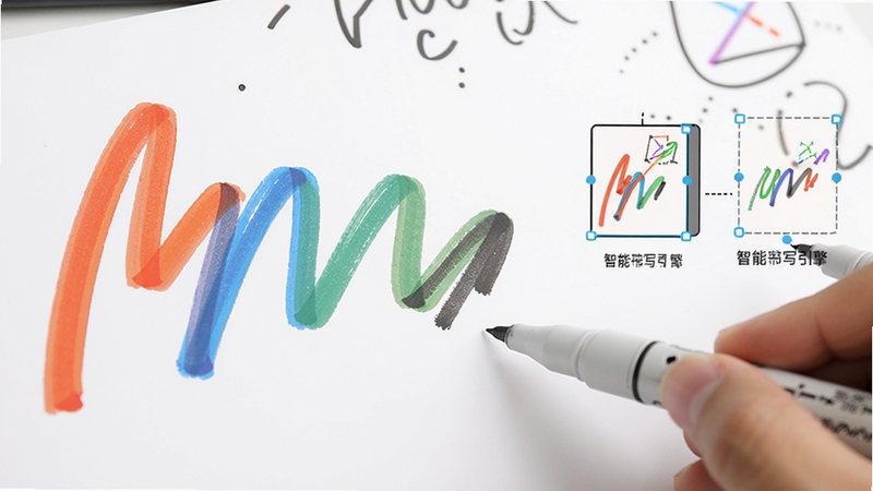 白板录制软件手写笔迹特写,画面中展示不同颜色和粗细的画笔效果,背景为白色画布,旁边有图形自动校正的对比示意图,体现智能书写引擎的精准与流畅