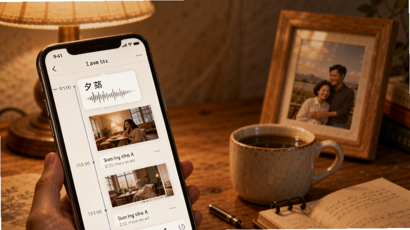 朝夕相伴软件时光记录功能预览图,画面展示手机界面中时间轴样式的照片与语音记录,背景是温馨的书桌一角,摆放咖啡杯和相框,暖色灯光,整体氛围怀旧而温暖,突出回忆珍藏主题,高清细节