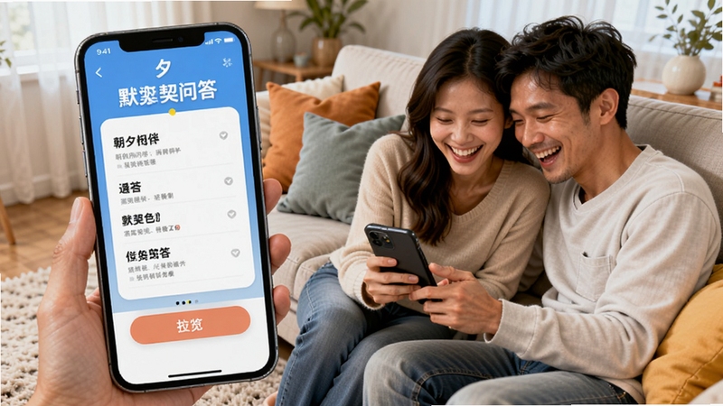 朝夕相伴软件互动游戏功能预览图,画面显示手机屏幕上的默契问答界面,背景是情侣坐在沙发上笑着看手机,客厅温馨,有抱枕和地毯,整体活泼明快,突出趣味与亲密,高清细节