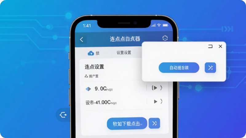 自动秒点击连点器主界面预览图,展示其简洁的操作面板与悬浮窗控制按钮,背景为渐变色科技蓝,前景为手机屏幕特写,屏幕内显示连点设置选项,整体风格现代简约,适合软件下载站展示