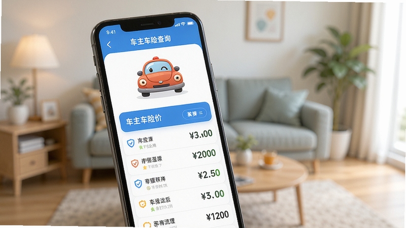 一张智能手机屏幕特写,屏幕内清晰显示车主车险报价查询软件的主界面,界面上有可爱的卡通汽车图标和明亮的报价数据列表,背景是模糊的客厅环境,整体光线明亮柔和,突出手机屏幕内容,竖版构图