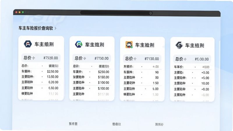 车主车险报价查询软件内部的一个报价结果页面,屏幕上以卡片形式分别展示不同保险公司的报价单,每张卡片上有公司Logo、总价和主要险种明细,背景为淡蓝色渐变,画面简洁专业,突出数据对比的视觉效果