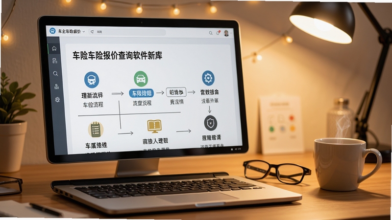 车主车险报价查询软件内的知识库界面,屏幕上展示一篇关于车险理赔流程的文章,配有清晰的流程图和图标,背景是暖色调的书桌场景,放有眼镜和咖啡杯,营造出轻松阅读学习的氛围
