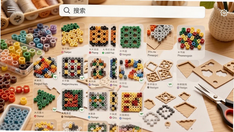 拼豆图图软件主界面预览图,展示丰富的拼豆图案分类卡片与搜索框,背景为温馨的手工工作台,摆放彩色拼豆颗粒与模板,色调明亮柔和,整体风格干净清晰,适配移动端竖屏展示