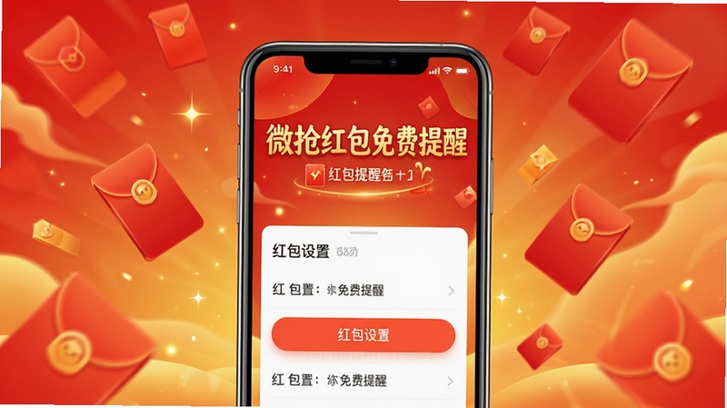 微抢红包免费提醒主界面展示,手机屏幕中显示红包提醒设置选项,背景为红色和金色渐变,红包图案散落,整体风格喜庆明亮,突出软件名称“微抢红包免费提醒”,画面主体为手机居中,背景为红色和金色渐变,红包图案散落,整体风格喜庆明亮