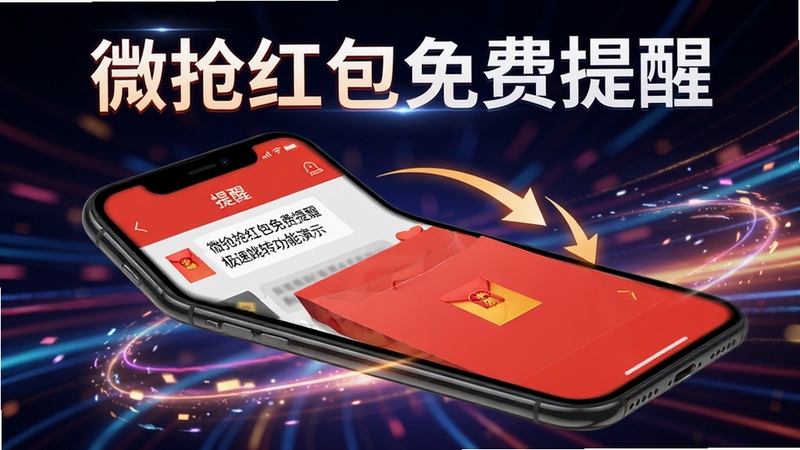 微抢红包免费提醒极速跳转功能演示,手机屏幕从提醒界面自动跳转到红包聊天窗口,有箭头指示,背景为动态光效,突出软件名称“微抢红包免费提醒”,画面主体为手机动态效果,背景为动态光效