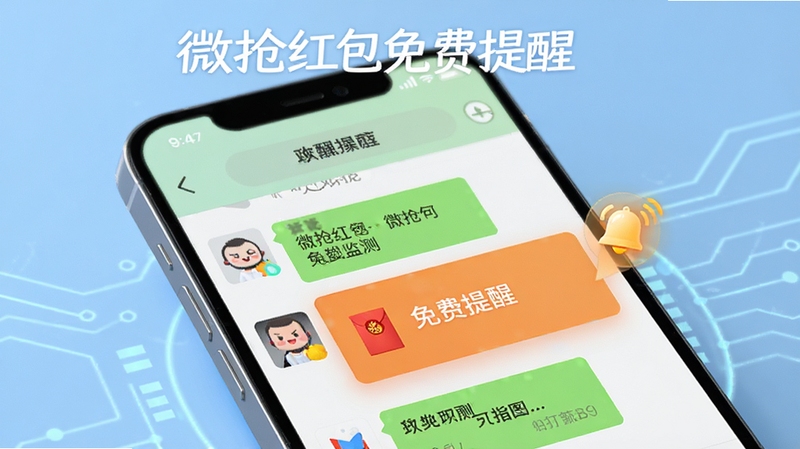 微抢红包免费提醒智能监测功能示意图,手机屏幕显示微信聊天界面,一个红包消息被高亮标注,旁边有提醒铃铛图标,背景为浅蓝色科技感风格,突出软件名称“微抢红包免费提醒”,画面主体为手机屏幕特写,背景为浅蓝色科技感风格